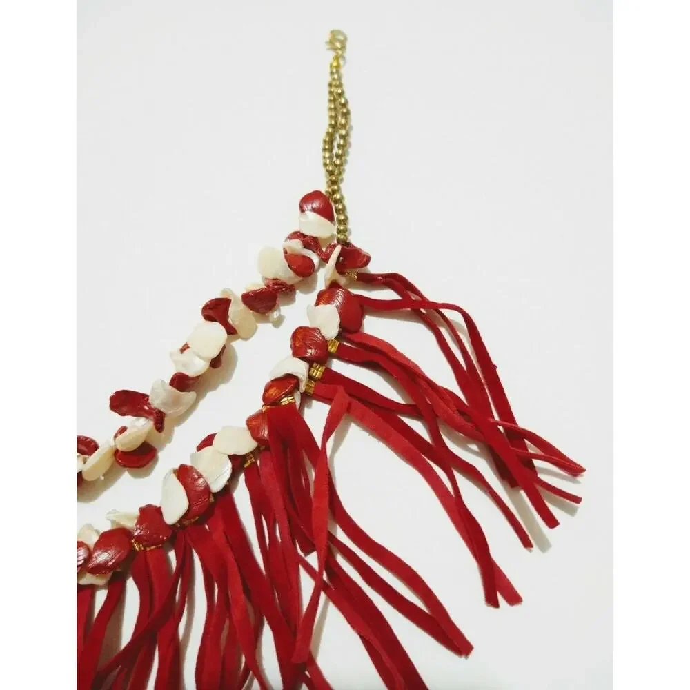 Mia Necklace Red Suede Fringe &‎ Shell Statement Bib Adjustable Gold Tone Detail